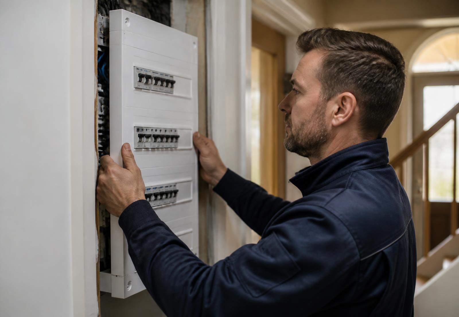 Elektricien monteert een nieuwe groepenkast in een woning