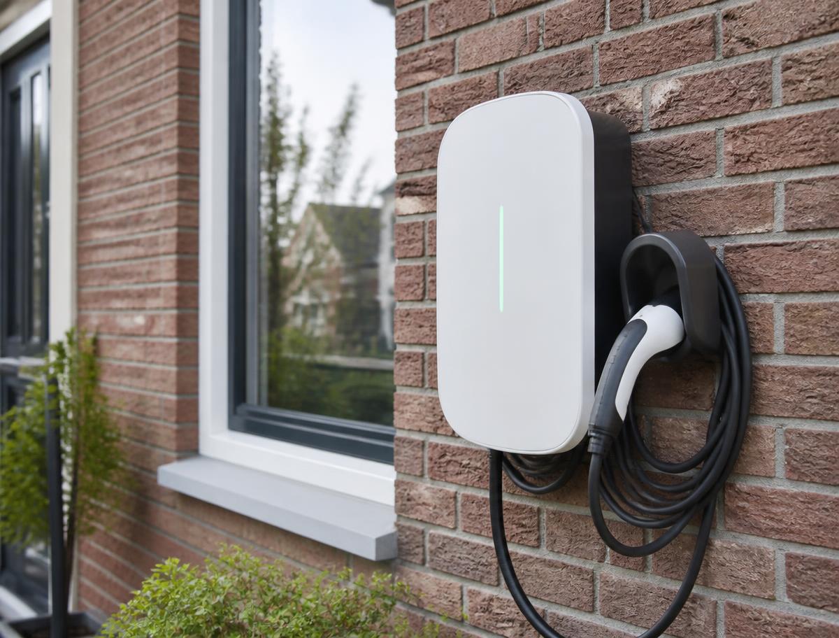 Wandlader aan de gevel van een woning met opgerolde laadkabel